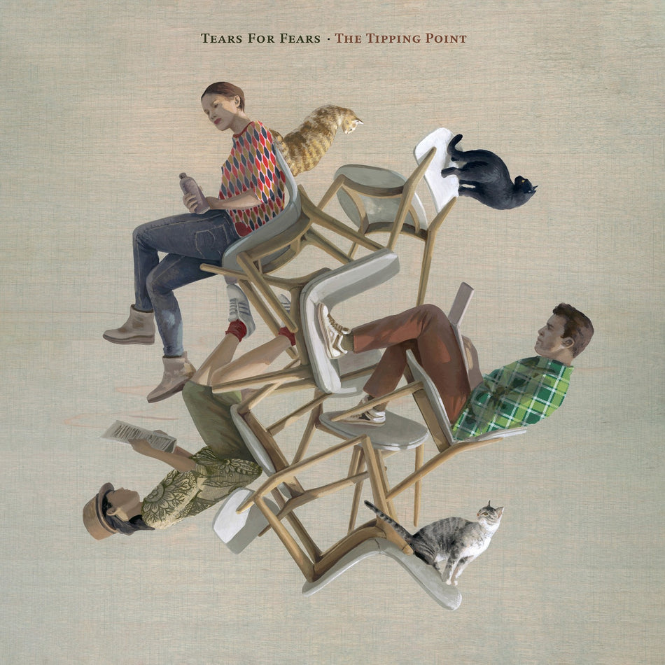 Tears for Fears The Tipping Point album cover with illustrated people and cats on stacked chairs