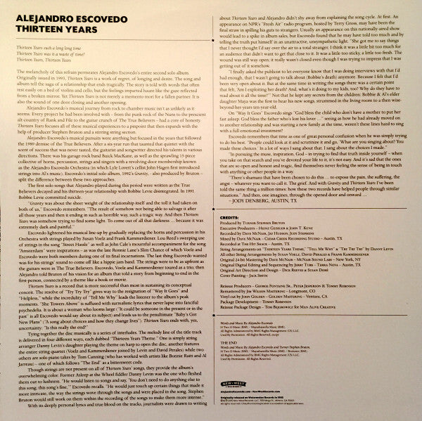 Alejandro Escovedo Thirteen Years vinyl album back cover with liner notes and credits in black text on a cream background.