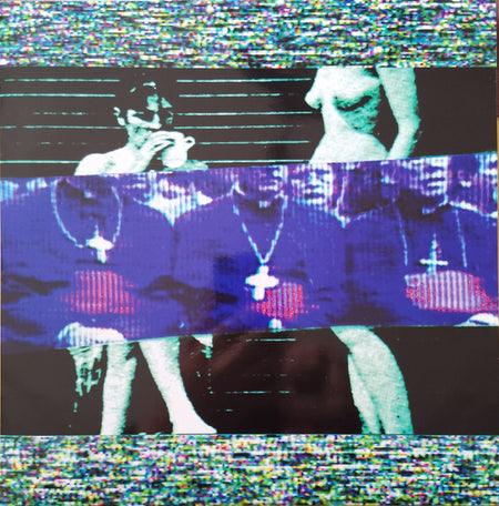 Abstract album cover with TV static, overlapping images of people wearing crosses, and a nude statue.