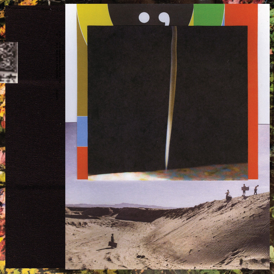 Vinyl record cover with abstract art, dark rectangle, desert landscape, and three people on dunes