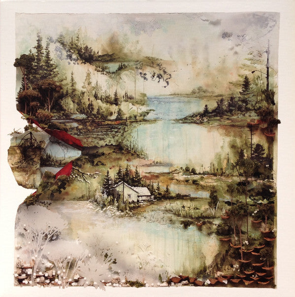 Watercolor album cover art with a lakeside cabin and forest landscape, vinyl record collectible