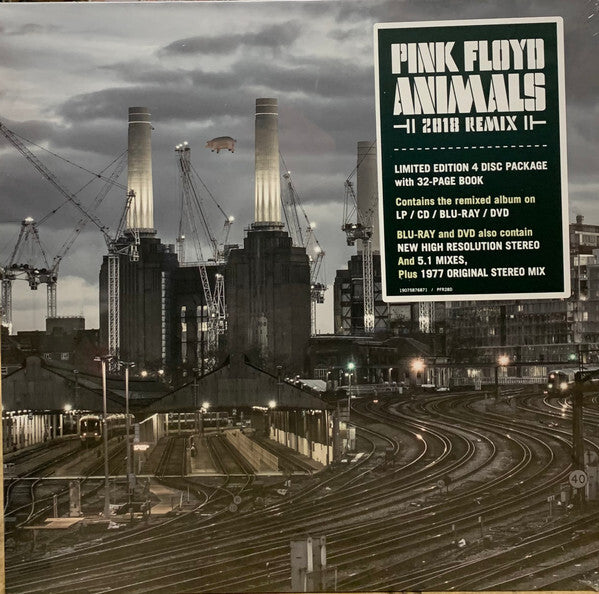 Pink Floyd Animals 2018 Remix vinyl album cover featuring Battersea Power Station and green sticker detailing album contents.