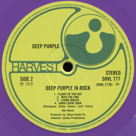 Deep Purple In Rock vinyl record label, yellow and purple, Harvest Records, tracklist visible