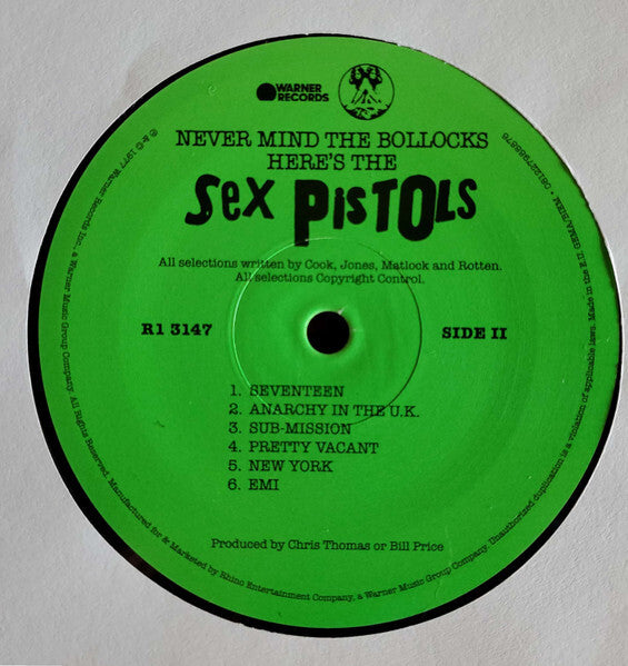 Green vinyl record label for Sex Pistols' Never Mind the Bollocks album, side II tracklist.