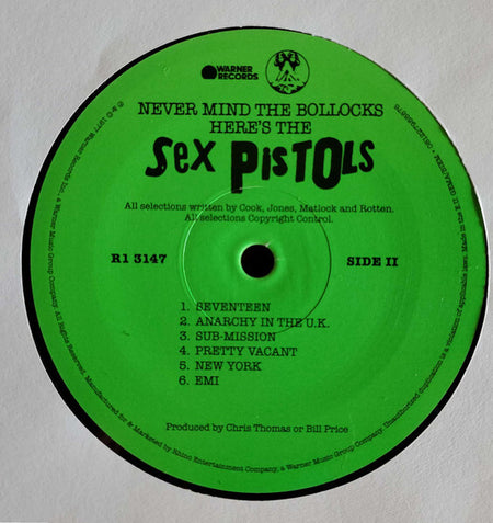 Green vinyl record label for Sex Pistols' Never Mind the Bollocks album, side II tracklist.