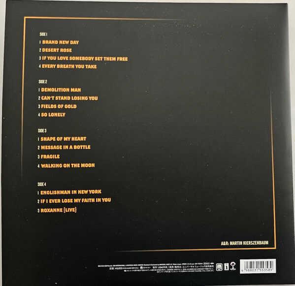 Vinyl record back cover with tracklist in yellow text on black background, featuring song titles.