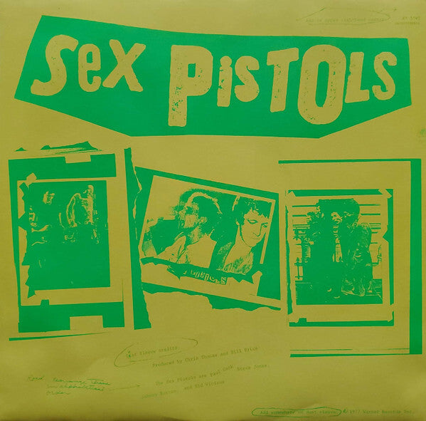 Sex Pistols vinyl album cover with bold green lettering and vintage photo collage