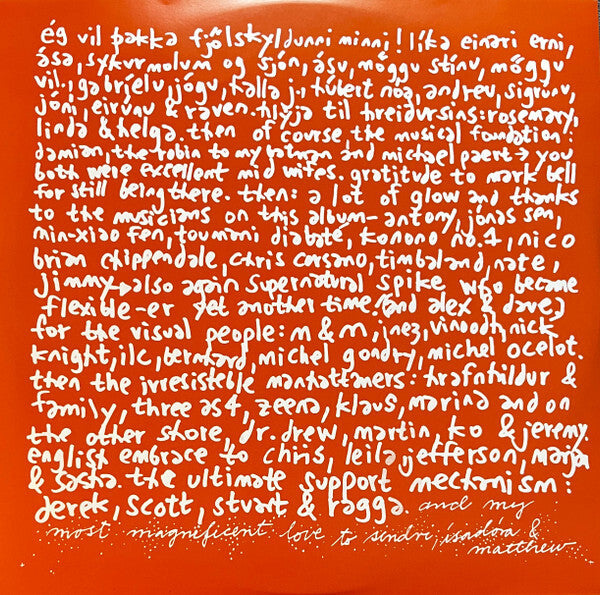 Handwritten white text on an orange background, featuring album credits and artist thank-yous.