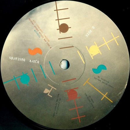 Close-up of a vinyl record with abstract geometric design and tracklist on label