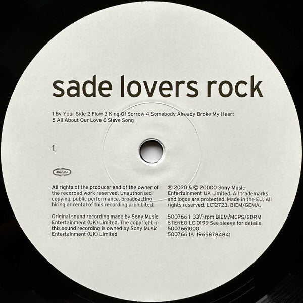 Sade Lovers Rock vinyl record label with tracklist and copyright details.