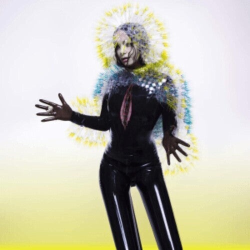 Person in futuristic black vinyl suit with colorful halo effect, electronic music album cover