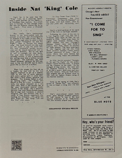 Vintage magazine page featuring Nat King Cole article, music club ads, and concert promotions.