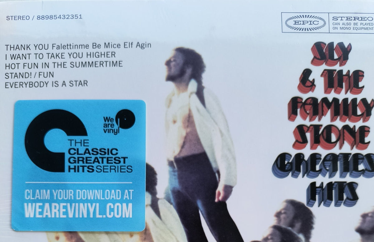 Sly & the Family Stone Greatest Hits vinyl album cover with song list and digital download sticker.