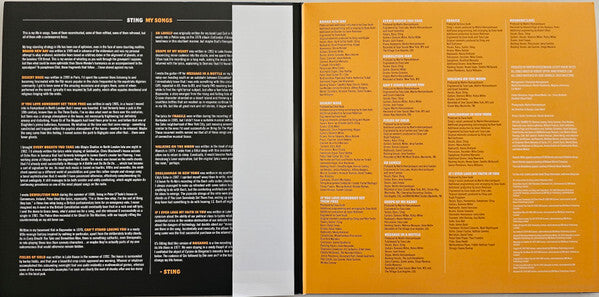 Vinyl record gatefold open, featuring song lyrics and album notes on black and orange pages.