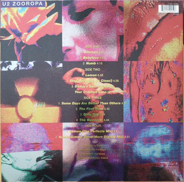 U2 Zooropa vinyl record back cover with tracklist, abstract colorful graphics, and text details