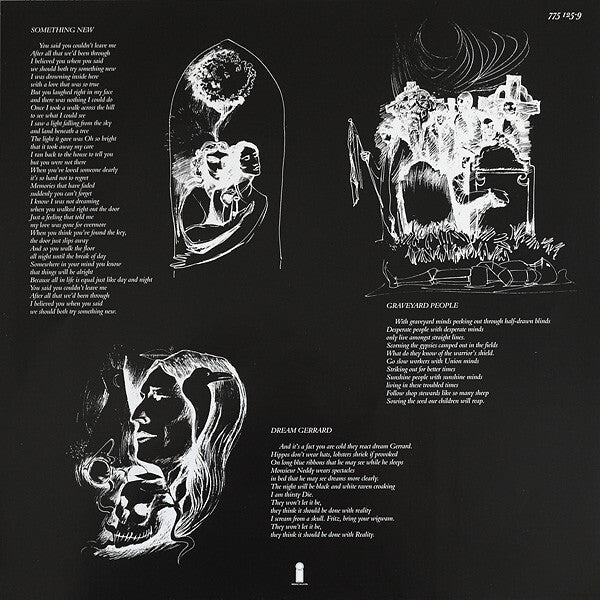Black vinyl record sleeve with white song lyrics, abstract sketches, and surreal artwork