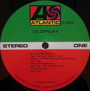 Close-up of Led Zeppelin II vinyl record label, Atlantic logo, tracklist, classic rock album
