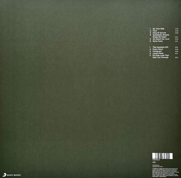 Vinyl record back cover with song list and dark minimalist design, ideal for music collectors