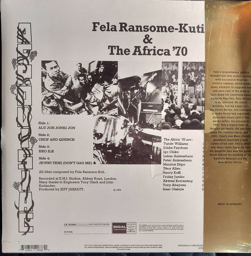 Back cover of Fela Ransome-Kuti & The Africa '70 vinyl record featuring song list, band credits, and black and white band photos.