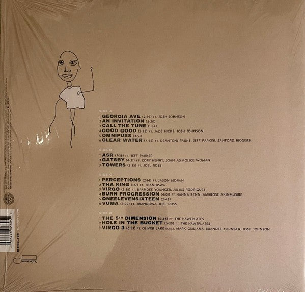 Vinyl record album back cover with hand-drawn figure and printed tracklist on beige background