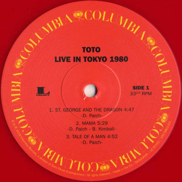 Toto Live in Tokyo 1980 red vinyl record label, Columbia logo, tracklist visible