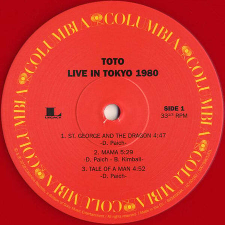 Toto Live in Tokyo 1980 red vinyl record label, Columbia logo, tracklist visible