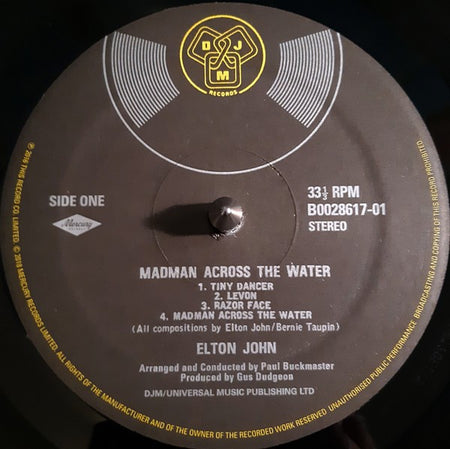 Elton John Madman Across the Water vinyl record label, Side One, DJM Records, tracklist visible