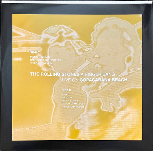 The Rolling Stones A Bigger Bang Live on Copacabana Beach vinyl record cover with yellow abstract artwork, album tracklist visible.