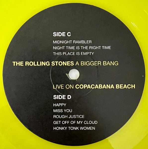 Yellow vinyl record label for The Rolling Stones A Bigger Bang Live on Copacabana Beach
