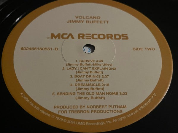 Jimmy Buffett Volcano vinyl record label, MCA Records, side two tracklist close-up.