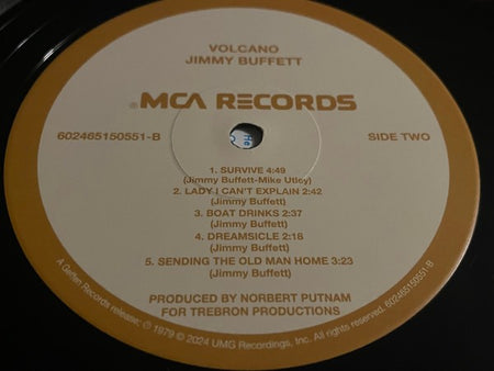 Jimmy Buffett Volcano vinyl record label, MCA Records, side two tracklist close-up.