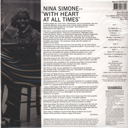 Nina Simone sitting at a piano with album liner notes and vinyl tracklist text overlay.