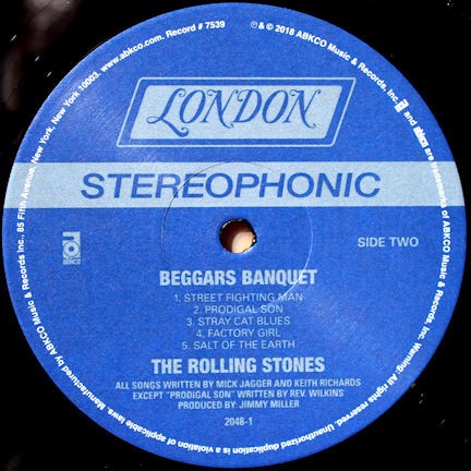 Close-up of a Rolling Stones Beggars Banquet vinyl record label, London stereophonic, side two.