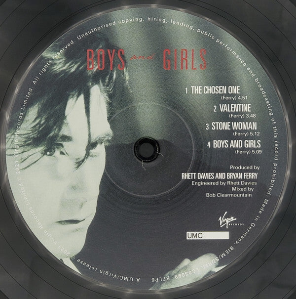 Boys and Girls vinyl record label with black-and-white portrait and song list, Virgin Records.