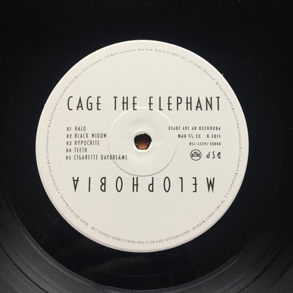 Cage The Elephant Melophobia vinyl record label with tracklist in black and white, close-up shot