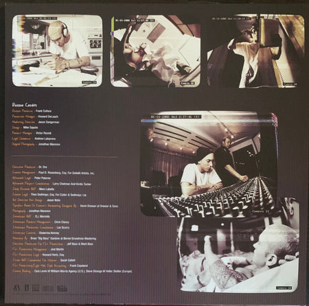 Collage of photos showing a man in a recording studio writing lyrics, using audio equipment, and listening to music.
