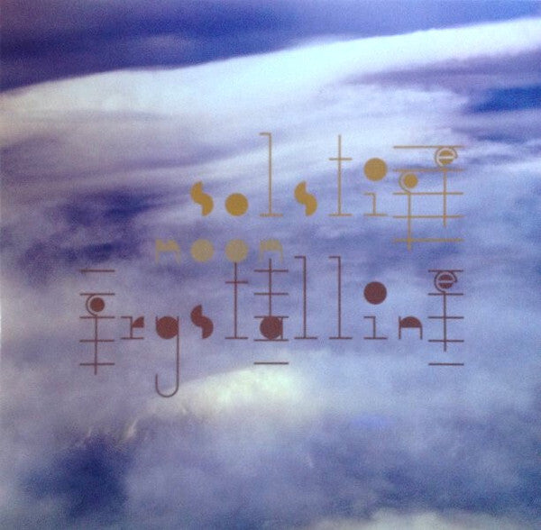 Vinyl record cover with abstract clouds and gold text reading 'Solstice Moon Crystallin'.