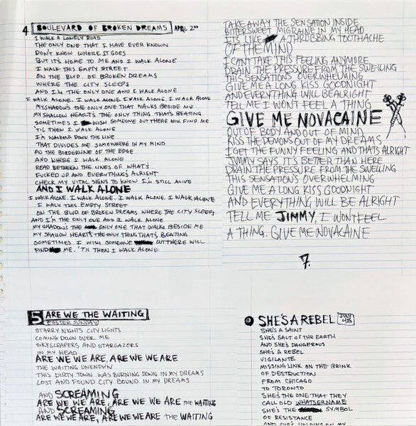 Handwritten song lyrics for Green Day tracks including Boulevard of Broken Dreams and Give Me Novacaine, displayed on lined paper.