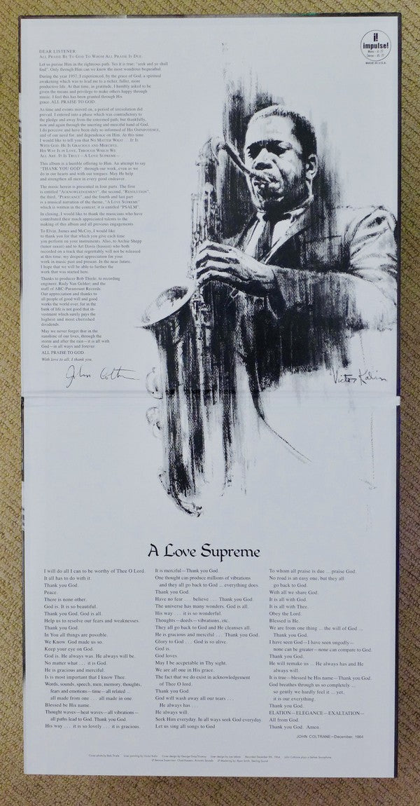 Black and white album cover with jazz saxophonist illustration and 'A Love Supreme' lyrics.