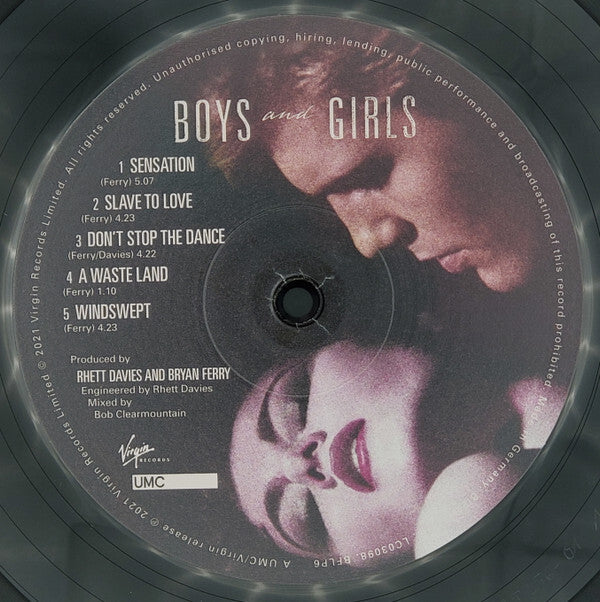 Boys and Girls vinyl record label with tracklist and stylized close-up of two faces.