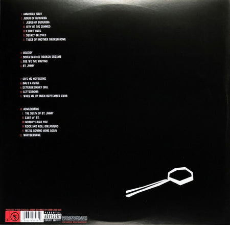 Back cover of a vinyl record with tracklist in red and white text on black background, minimal graphic in corner.