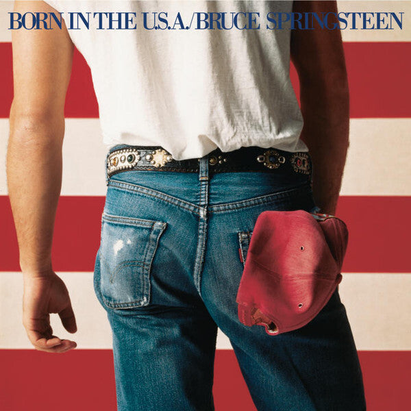 Person in jeans holding red cap, American flag background, vinyl record cover art