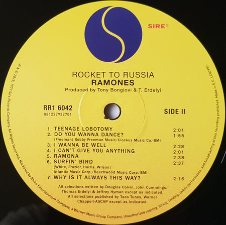 Ramones Rocket to Russia vinyl record label, yellow Sire label with tracklist, punk rock album