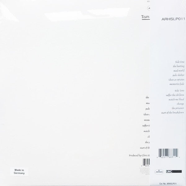 Back cover of a vinyl record album with tracklist and barcode, minimal white design, made in Germany.