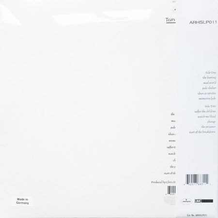 Back cover of a vinyl record album with tracklist and barcode, minimal white design, made in Germany.