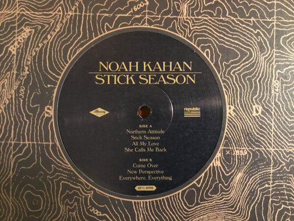 Noah Kahan Stick Season vinyl record label with album tracklist on abstract topographic background