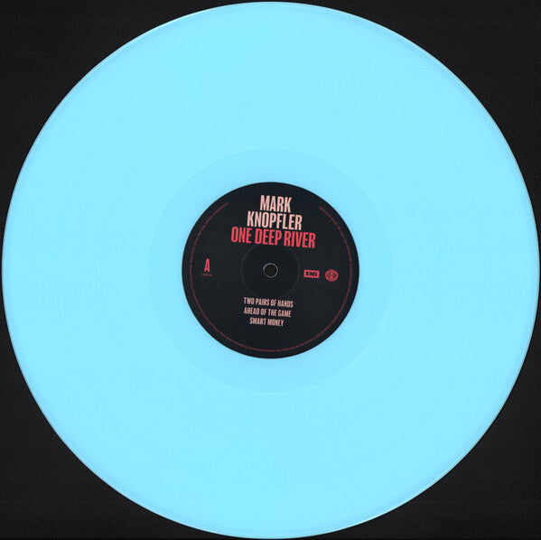 Light blue translucent vinyl record for Mark Knopfler's One Deep River album on black background