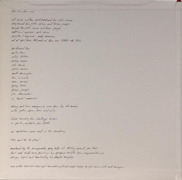 Vinyl record album back cover with handwritten song credits and musician listings on white background.