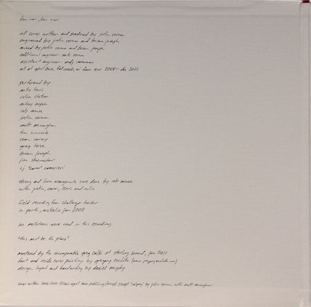 Vinyl record album back cover with handwritten song credits and musician listings on white background.