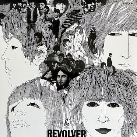 Revolver vinyl record album cover with black and white illustrated faces and collage details